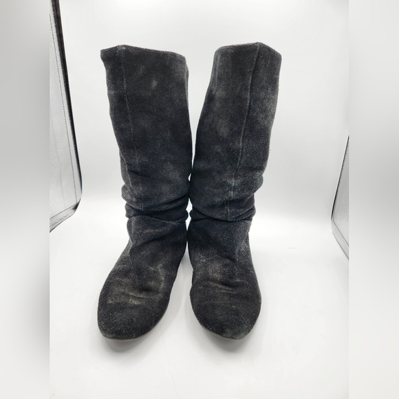Black Suede Slouch Boots Back Lace Up Detail Flats Sz 8 - Picture 1 of 6